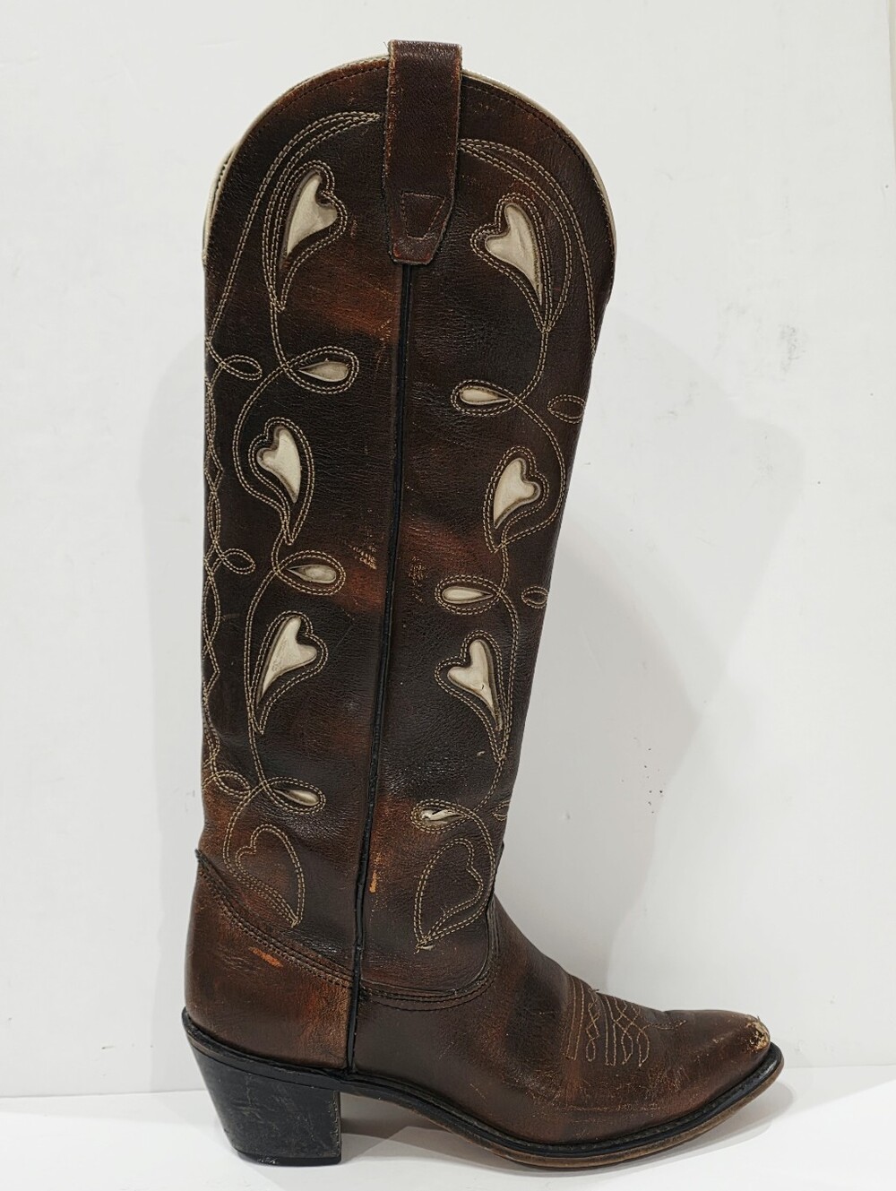 Wrangler HEARTS Brown Leather Boot Cowgirl Western Pull On Vintage 7.5 M Used